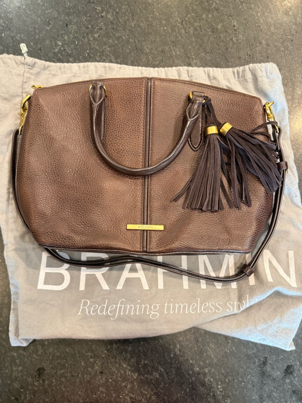 Brahmin Smooth Brown Pebbled Leather Satchel Crossbody w/Tassel & Gold Accents